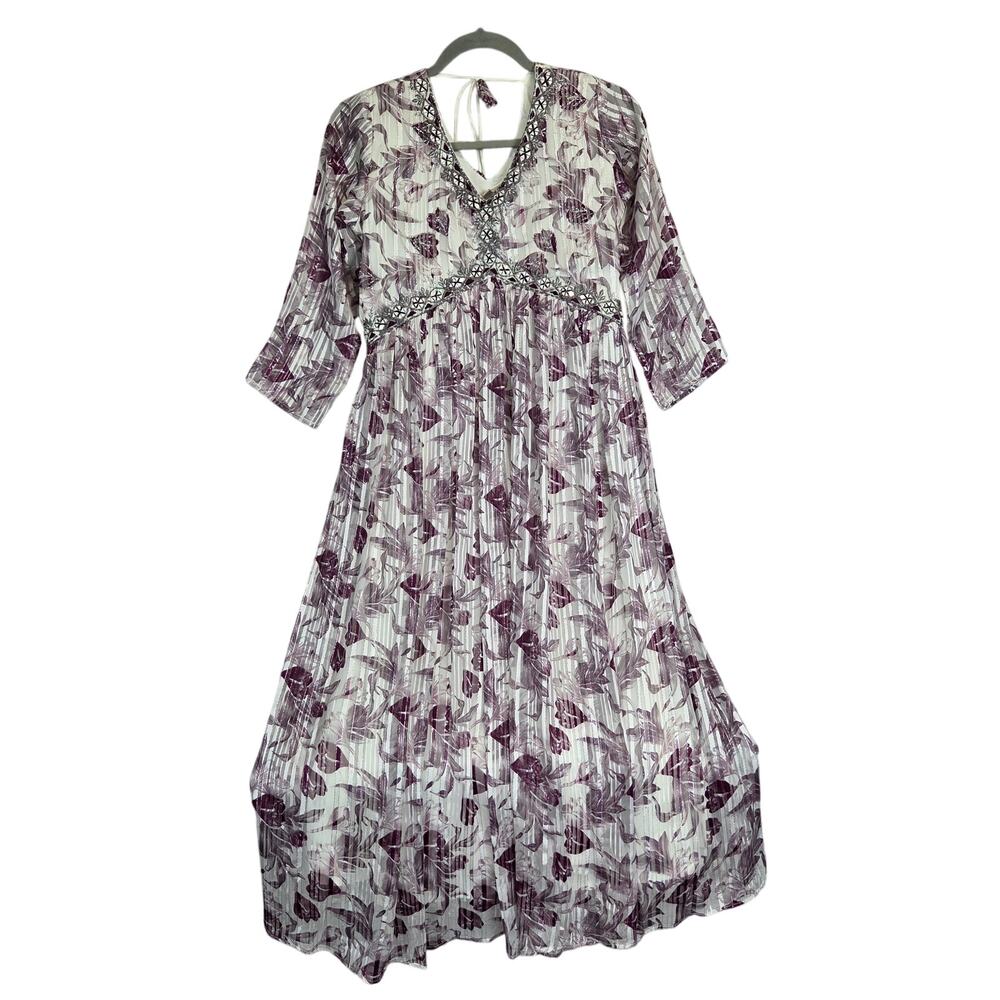 ZOLA Midi Event Dress L White Purple Metallic Embellished Lined Pleated Elegant